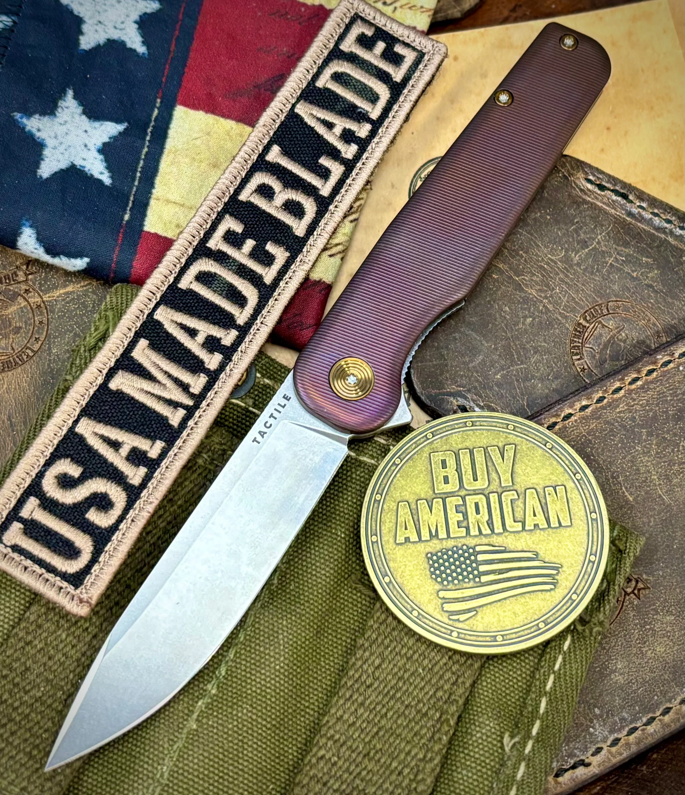 Antique Bronze/Purple Anodized Rockwall Flipper with Stonewashed Magnacut Blade Countoured Ti Handles with Ti Hardware from Tactile Knife Co.