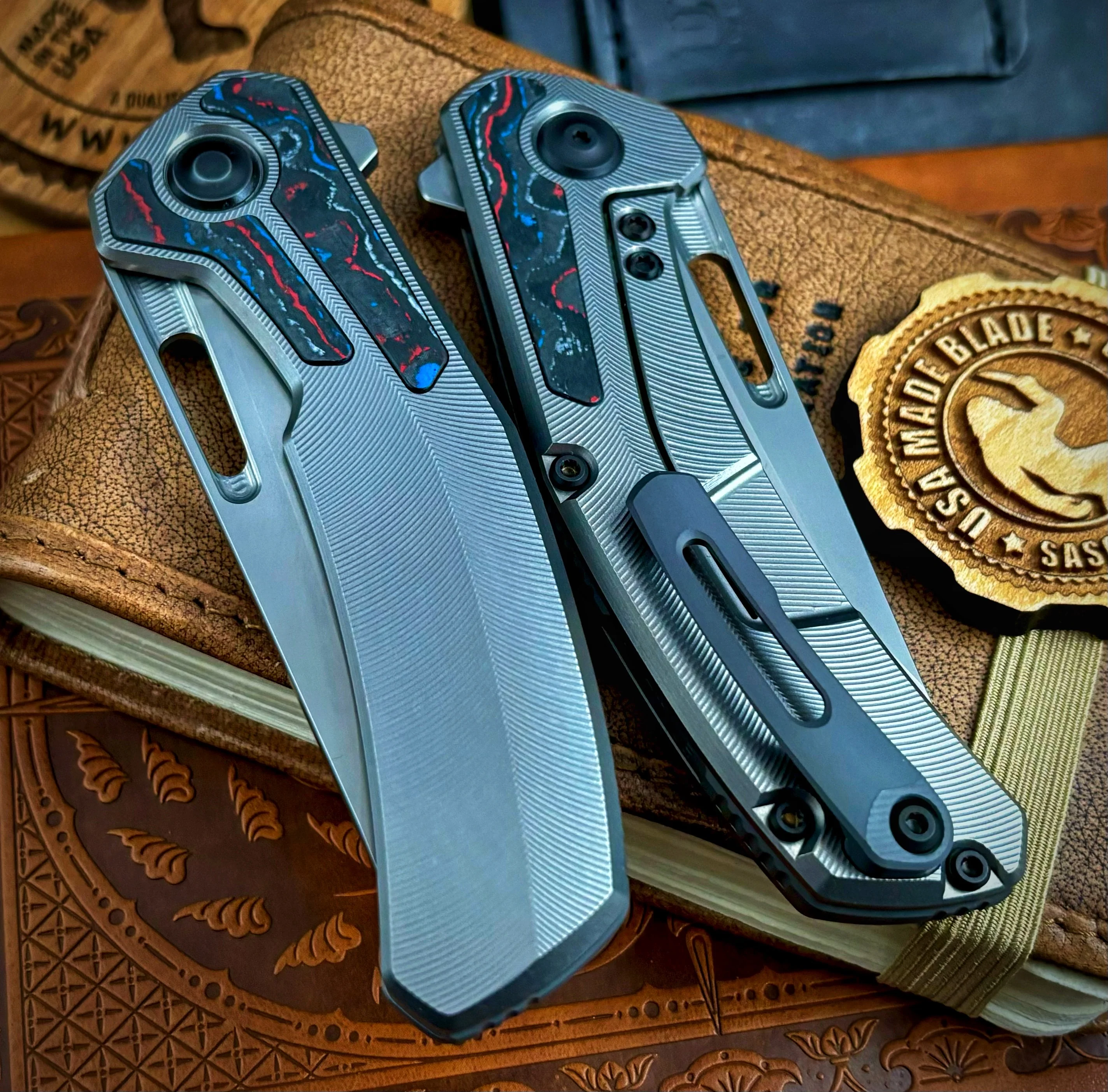 Archer from Tactile Knife Co. with Feathered Ti, American Camo Carbon inlay, Magnacut Blade and Black Ti Hardware - Image 3