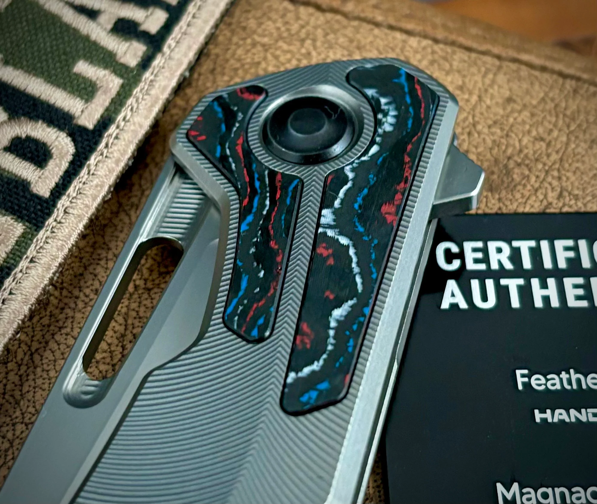 Archer from Tactile Knife Co. with Feathered Ti, American Camo Carbon inlay, Magnacut Blade and Black Ti Hardware - Image 4