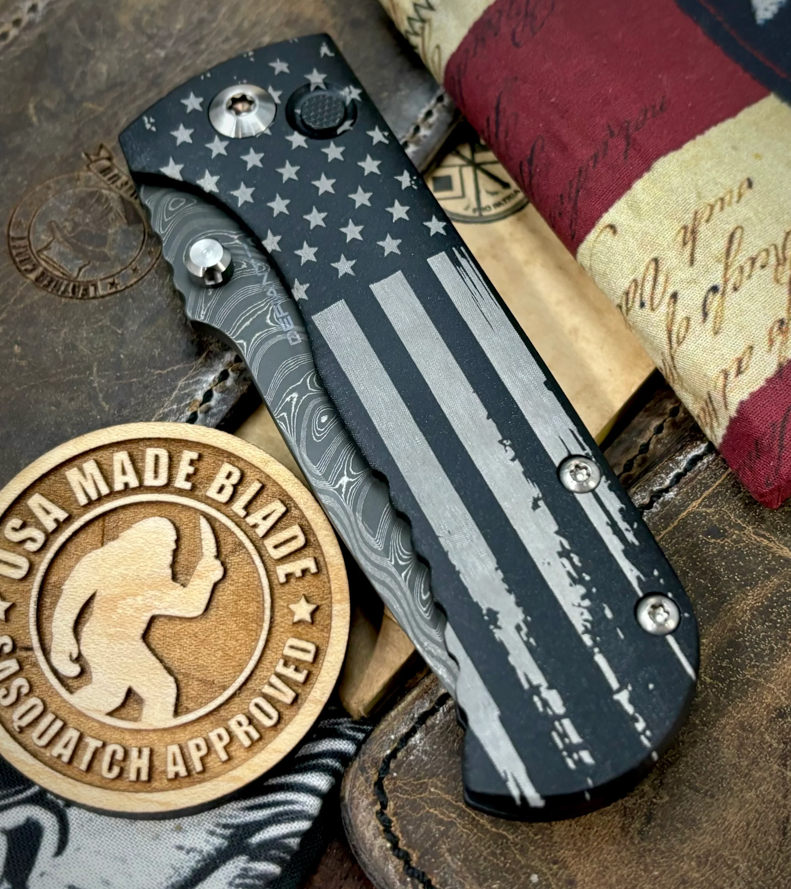 Battle Stars & Stripes Distressed Flag Defiant-7 Talos Button Lock with Black Boomerang Stainless Chad Nichols Damascus Blade and Black Hardcoat Anodized Aluminum Handles - Image 3