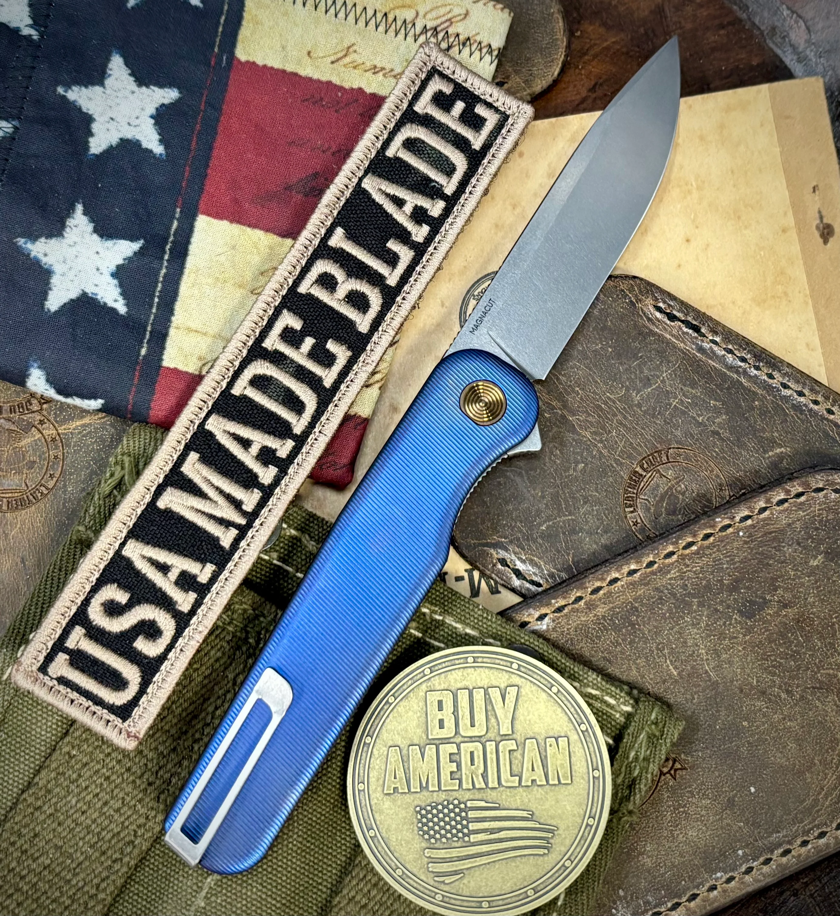 Carolina Blue Anodized Rockwall Flipper with Stonewashed Magnacut Blade Countoured Ti Handles with Ti Hardware from Tactile Knife Co. - Image 2