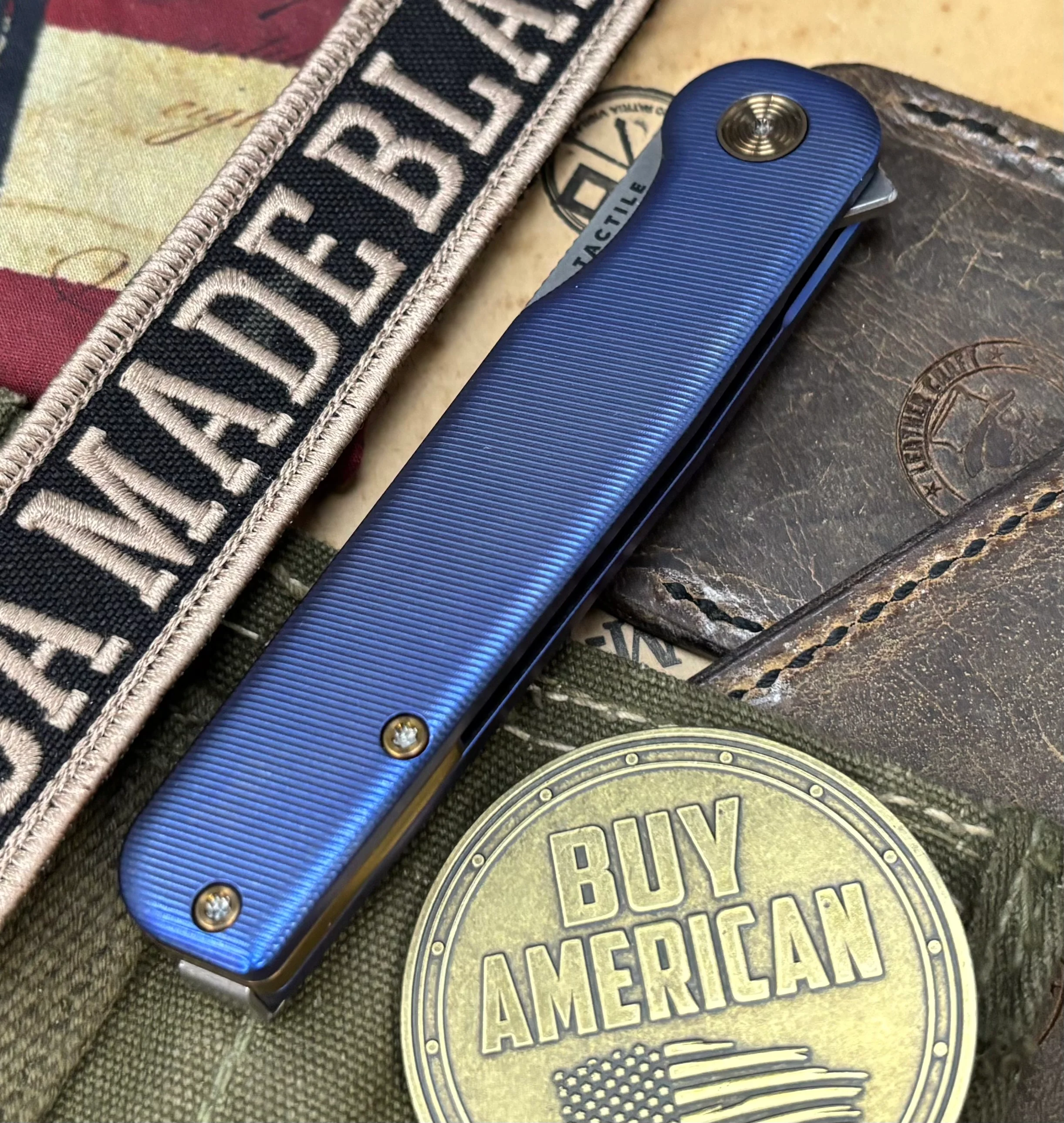 Carolina Blue Anodized Rockwall Flipper with Stonewashed Magnacut Blade Countoured Ti Handles with Ti Hardware from Tactile Knife Co. - Image 3