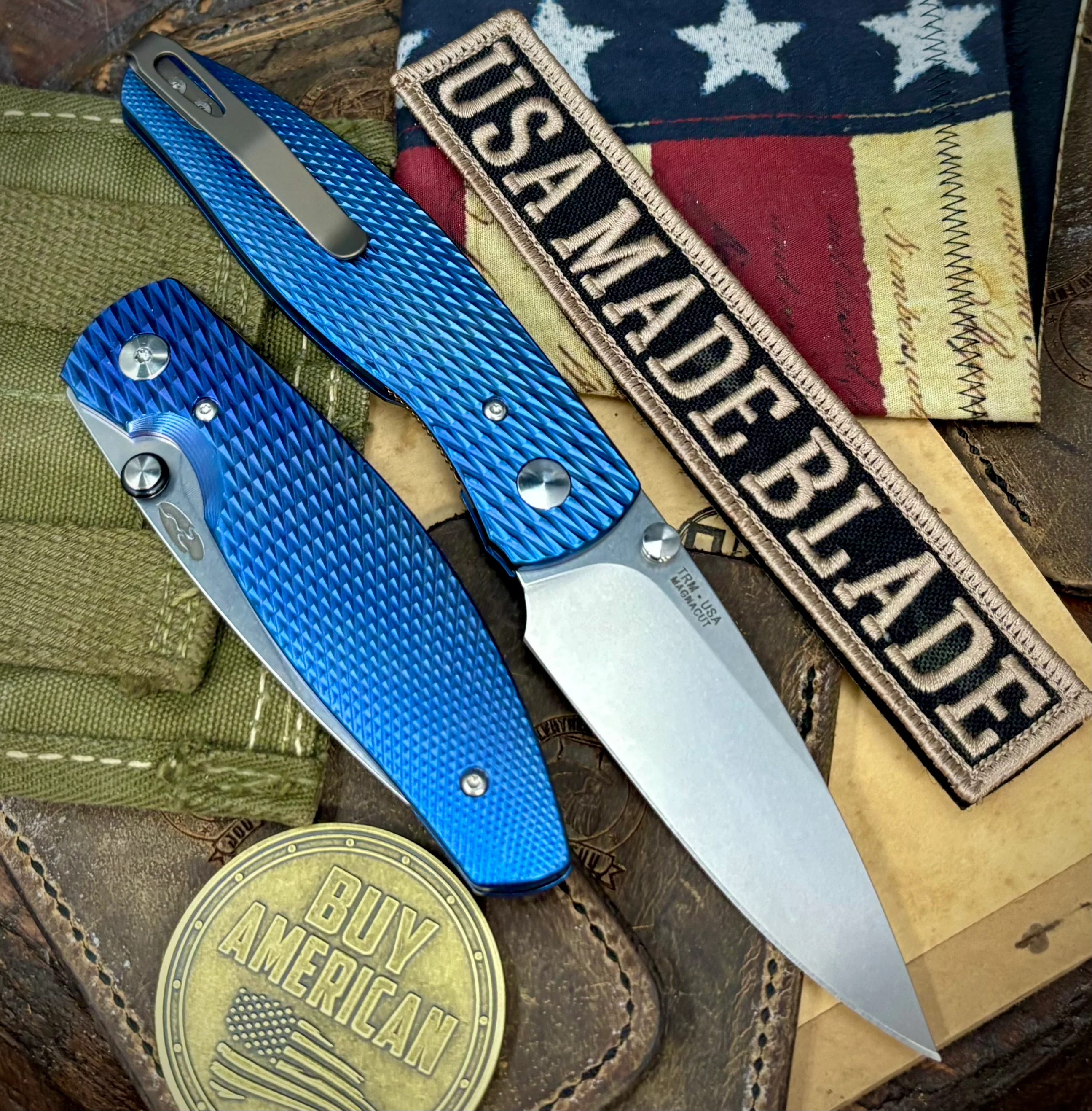 Carolina Blue TRM Atom with liner Lock with Lizard Skin Titanium and Magnacut Steel Bronze Liners and Pocket Clip - Image 3