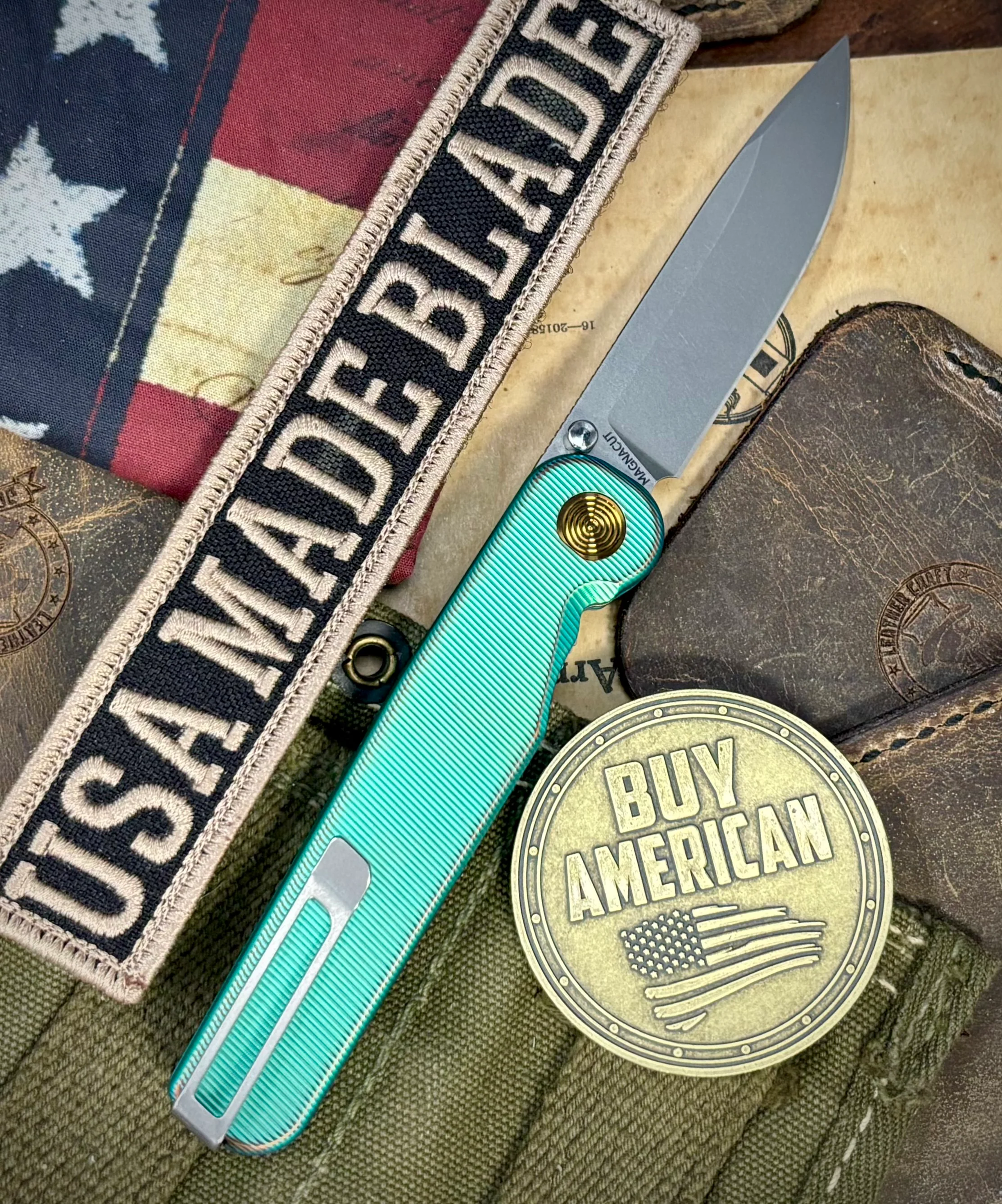 Green/Bronze Anodized Tactile Knives Rockwall Thumbstud Ti Liner Lock in Magnacut with Bronze HW - Image 2