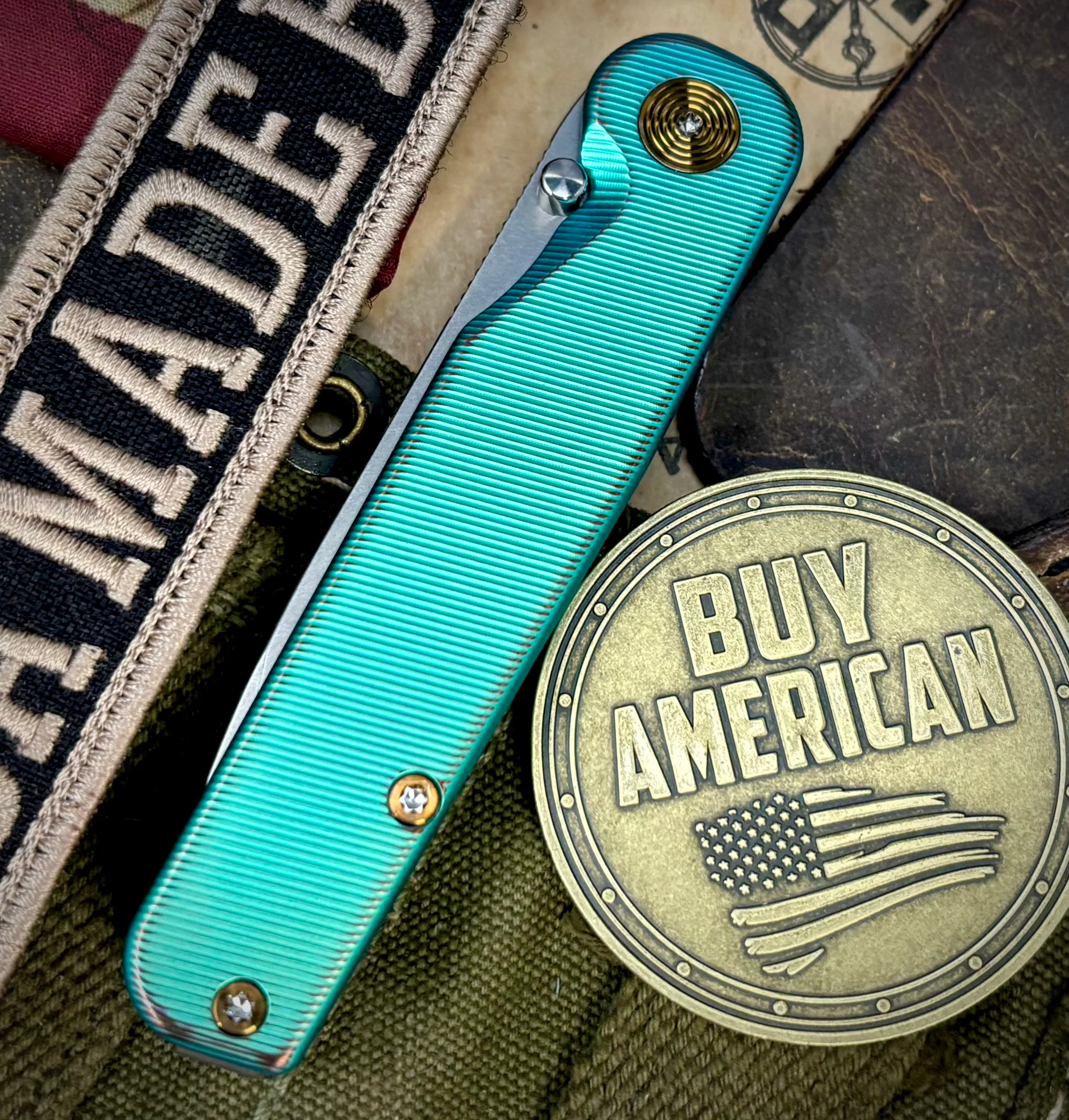 Green/Bronze Anodized Tactile Knives Rockwall Thumbstud Ti Liner Lock in Magnacut with Bronze HW - Image 3