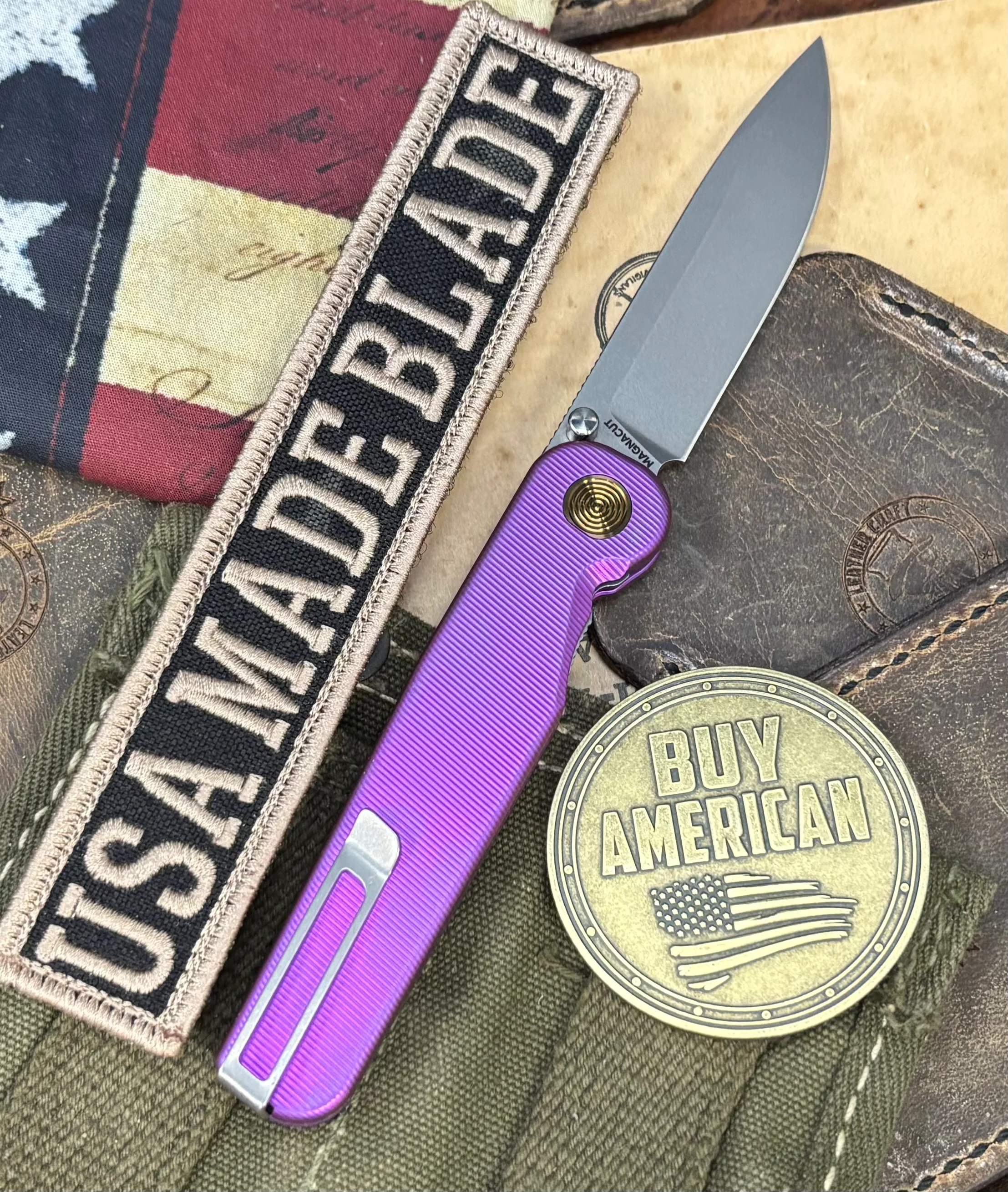 High Res Purple with Bronze Hardware Anodized Tactile Knives Rockwall Thumbstud Ti Liner Lock in Magnacut - Image 2