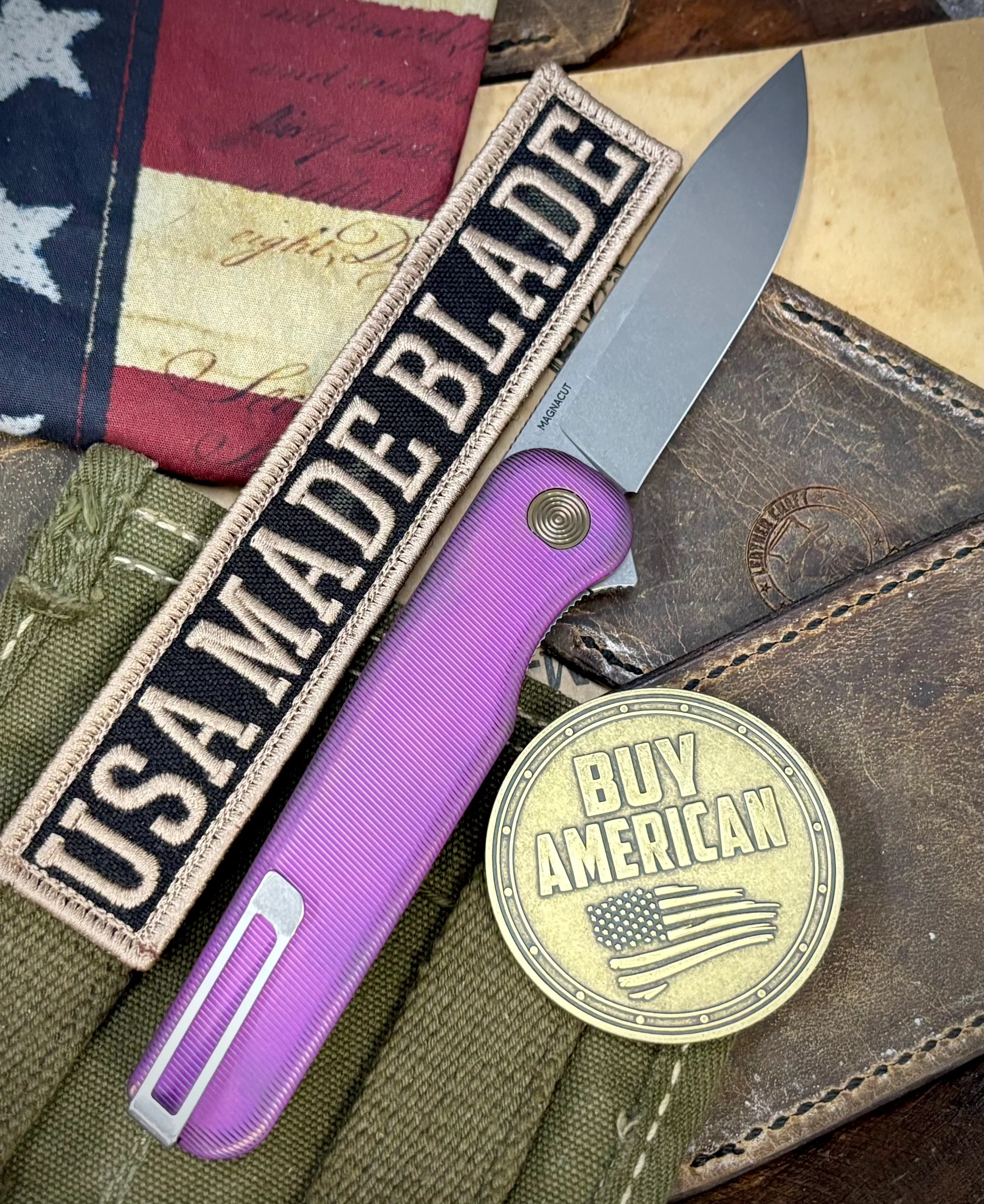 High Res Slate Purple Rockwall Flipper with Magnacut Blade Countoured Ti Handles with bronze ti hardware from Tactile Knife Co. - Image 2