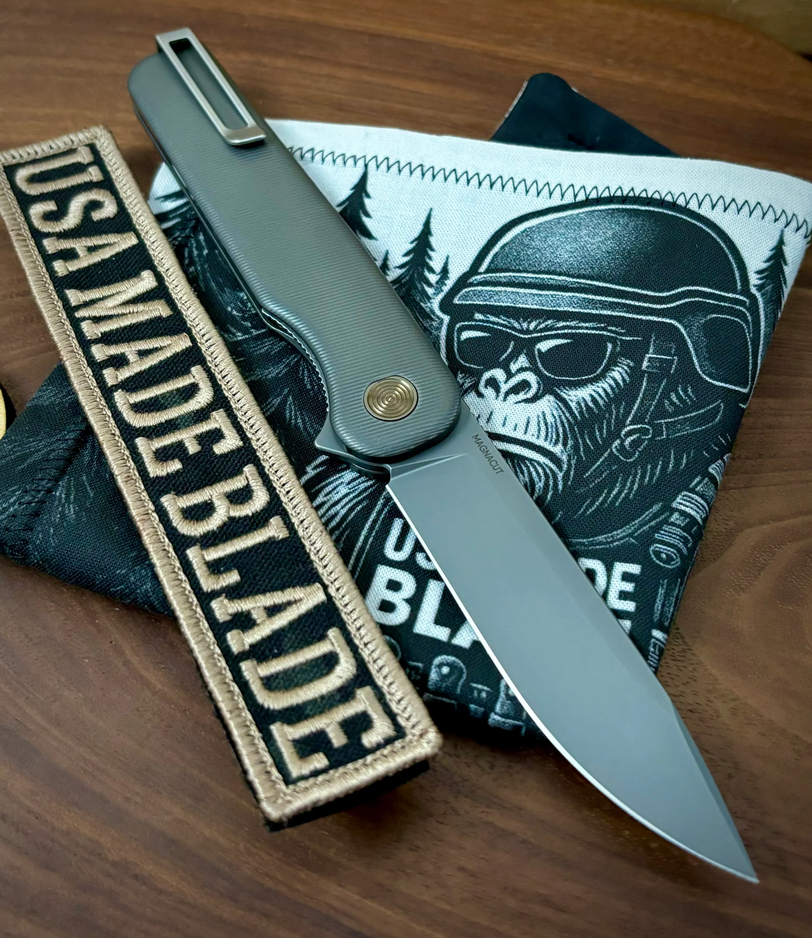 Rockwall Flipper with Slate Gray Magnacut Blade Countoured Ti Handles with bronze ti hardware from Tactile Knife Co. - Image 2