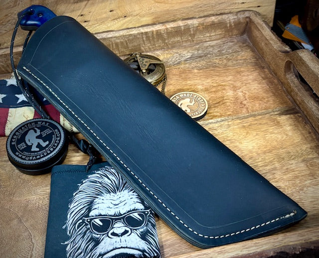 T.M. Hunt Full Custom M18 #690 with Blue Curly Maple Handle with Black Custom Leather Sheath and Forced Patina O1 - Image 4
