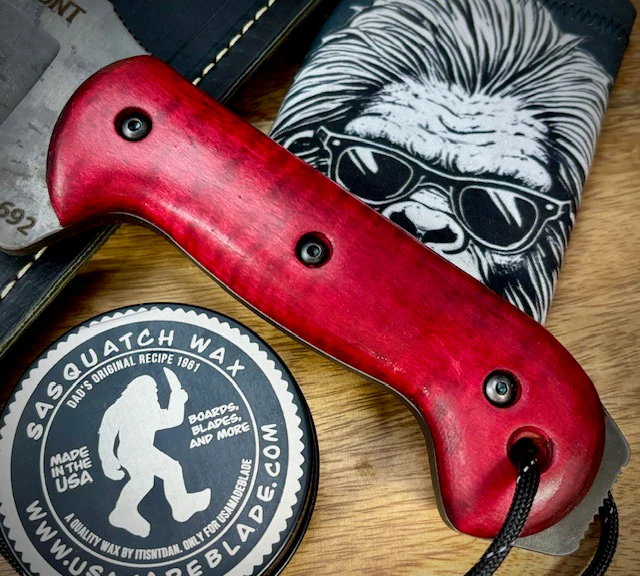 T.M. Hunt Full Custom M18 #692 with Red Curly Maple Handle with Black Custom Leather Sheath and Forced Patina O1 - Image 3
