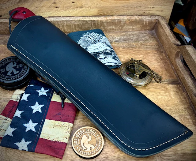T.M. Hunt Full Custom M18 #692 with Red Curly Maple Handle with Black Custom Leather Sheath and Forced Patina O1 - Image 4