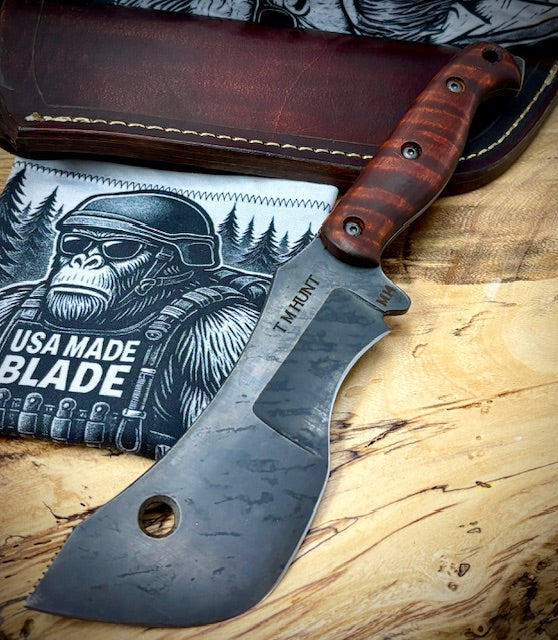 T.M. Hunt M14 #107 Brown Curly Maple Handles with Forced Patina O1 Tool Steel and Leather Sheath