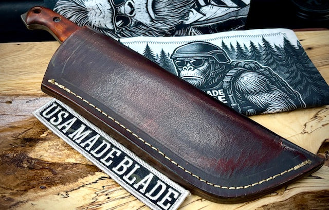 T.M. Hunt M14 #107 Brown Curly Maple Handles with Forced Patina O1 Tool Steel and Leather Sheath - Image 3