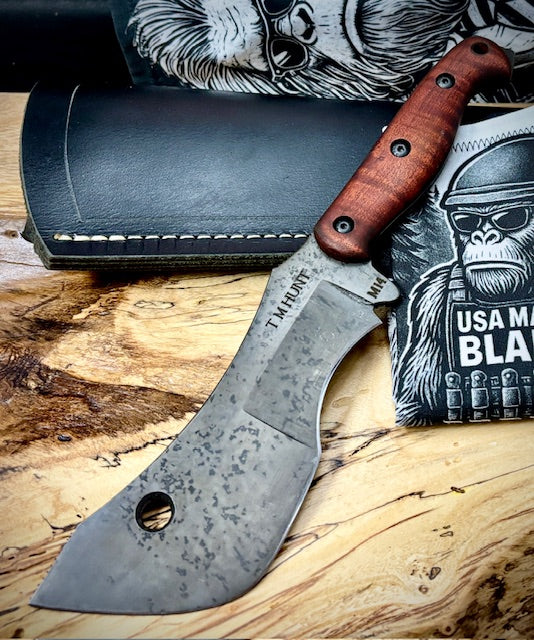 T.M. Hunt M14 #94 Brown Curly Maple Handles with Forced Patina O1 Tool Steel and Leather Sheath