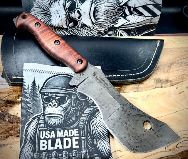 T.M. Hunt M14 #94 Brown Curly Maple Handles with Forced Patina O1 Tool Steel and Leather Sheath - Image 2
