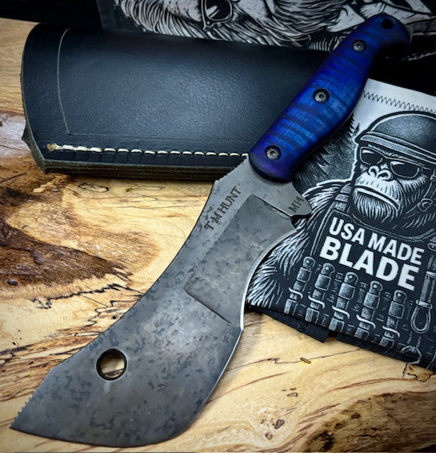 T.M. Hunt M14 #95 Puprle/Blue Curly Maple Handles with Forced Patina O1 Tool Steel and Leather Sheath