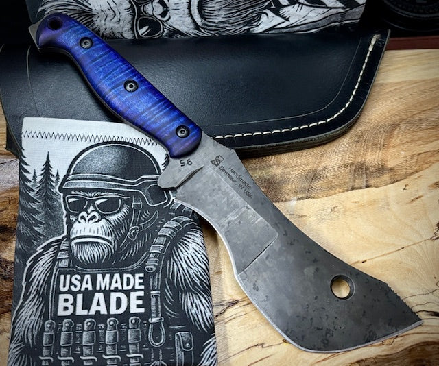 T.M. Hunt M14 #95 Puprle/Blue Curly Maple Handles with Forced Patina O1 Tool Steel and Leather Sheath - Image 2
