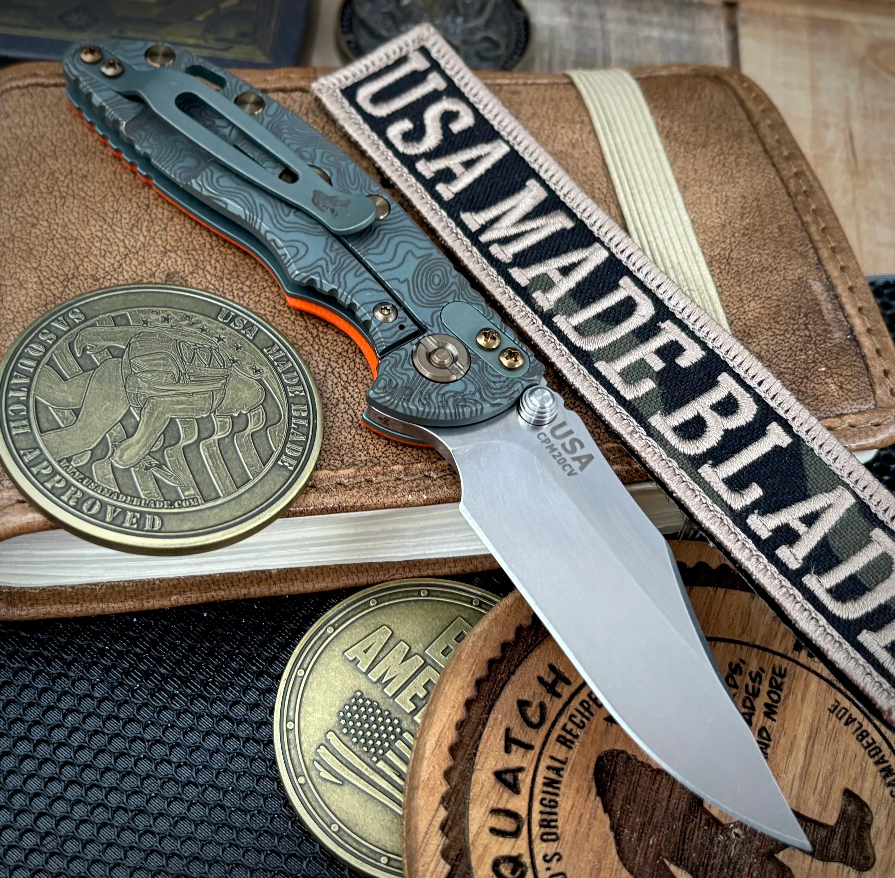 Topo Ammo Can Green Hinderer XM-18 3.0" Bowie Non-Flipper Orange G10 Anodized Working Finish Ti with Stonewashed 20CV Blade Bronzed Out Hardware and Sasquatch Clip