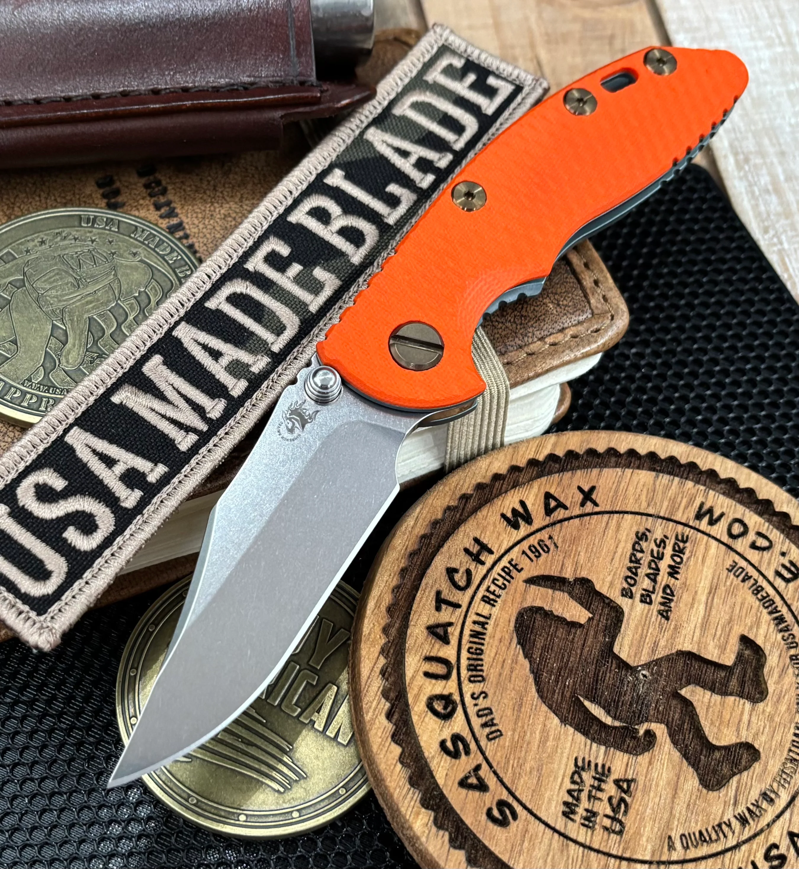 Topo Ammo Can Green Hinderer XM-18 3.0" Bowie Non-Flipper Orange G10 Anodized Working Finish Ti with Stonewashed 20CV Blade Bronzed Out Hardware and Sasquatch Clip - Image 2