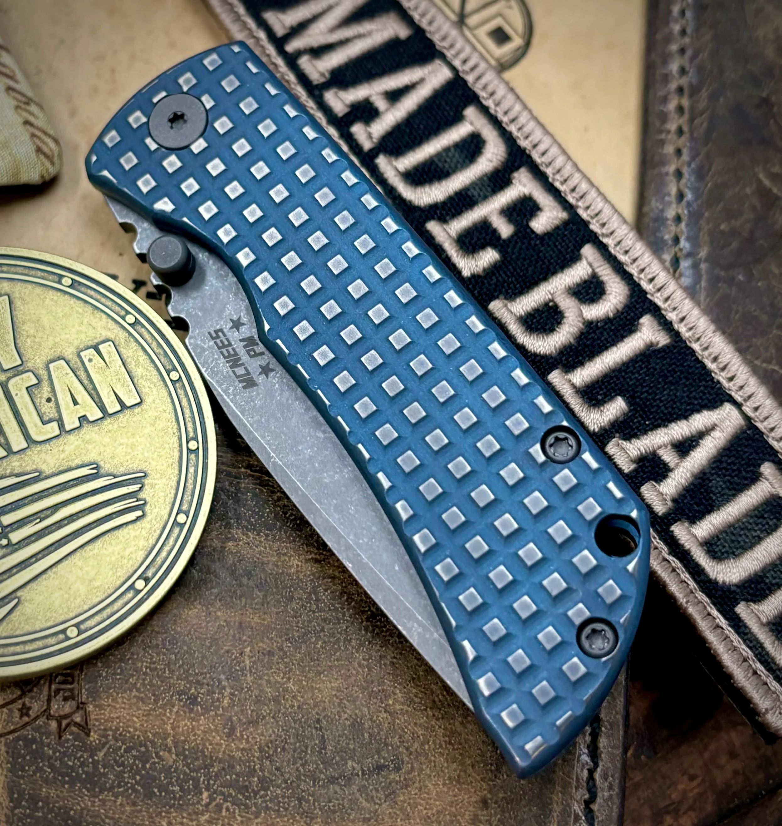 Worn In Flats McNees Knives Mac-2 3.0" (GEN-2) Atomic Blue Frag Ti Stonewashed Magnacut Hollow Ground Blade Stonewashed Ti Hardware - Image 3